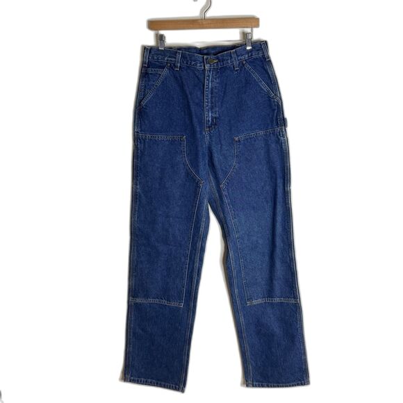 Carhartt Double front Logger Dungaree Jeans Mens 34x36 Blue Denim Work Pants B73 - Picture 1 of 11